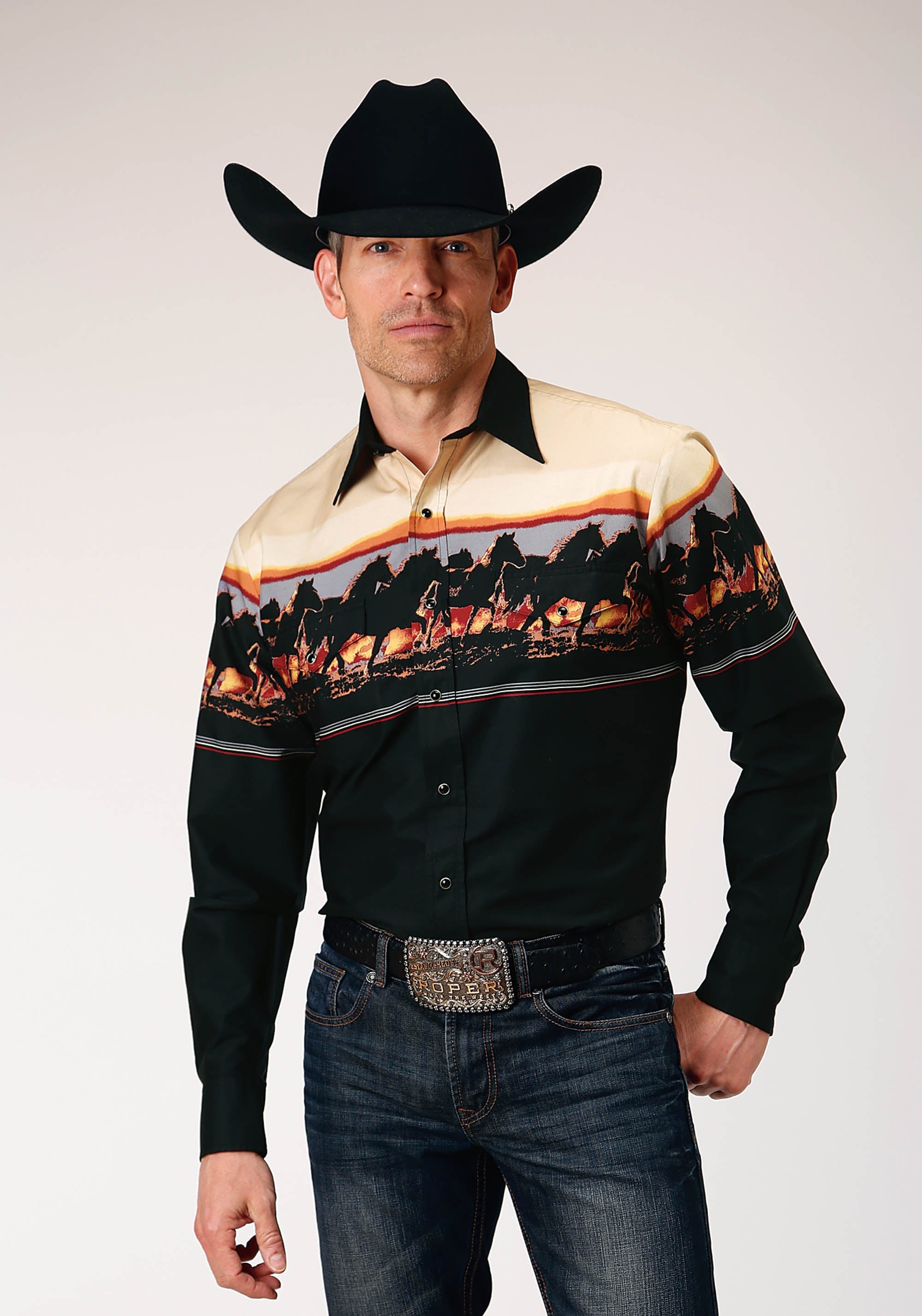 Roper Mens Long Sleeve Snap Scenic Horse Border Western Shirt