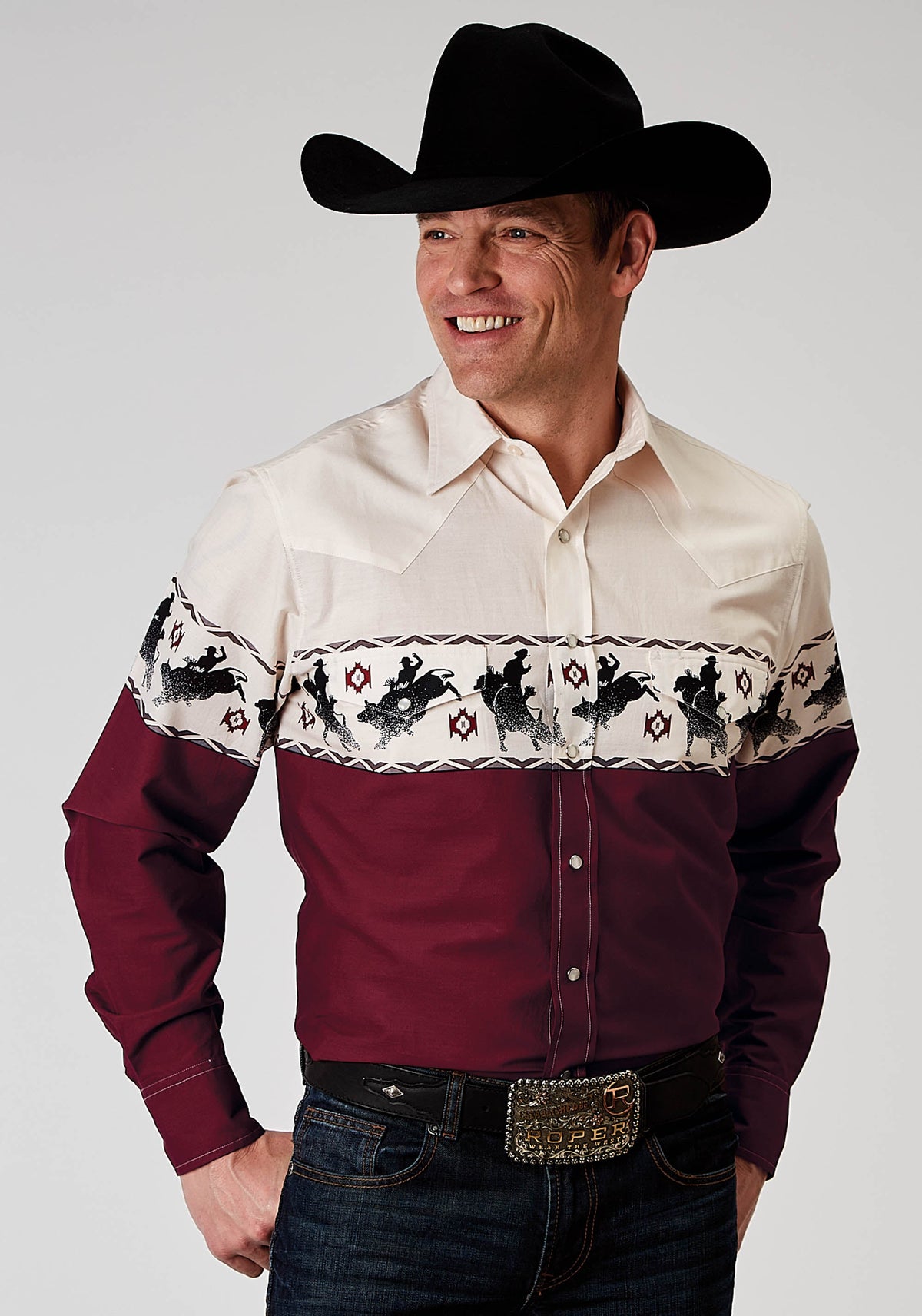 Roper Mens Long Sleeve Snap Bull Aztec Border Western Shirt