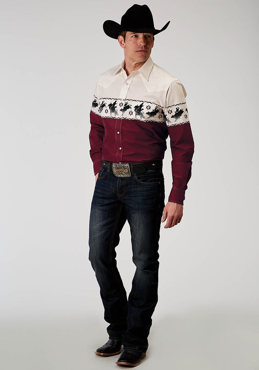 Roper Mens Long Sleeve Snap Bull Aztec Border Western Shirt