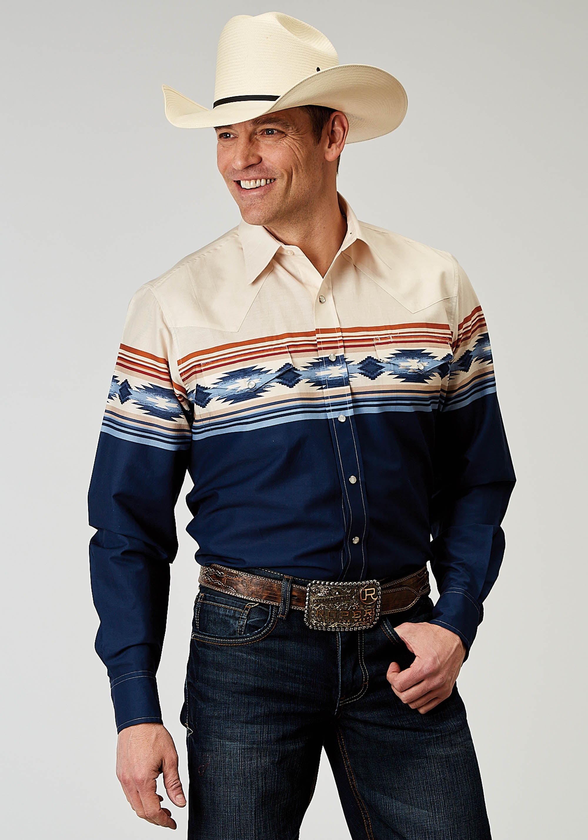 Roper Mens Long Sleeve Snap Distressed Aztec Border Western Shirt