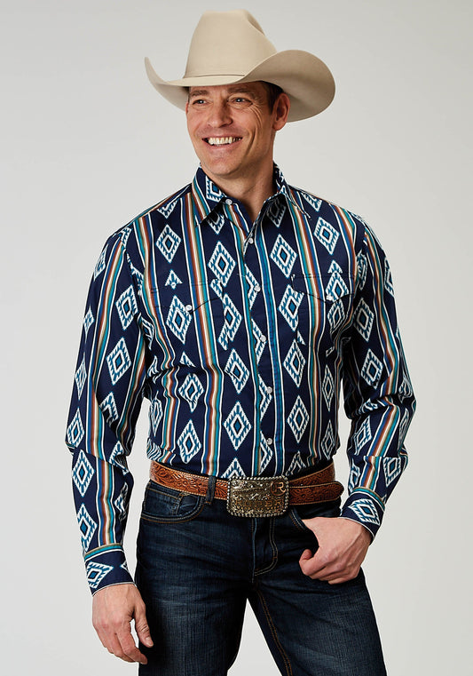 Roper Mens Long Sleeve Snap Serape Stripe Print Western Shirt