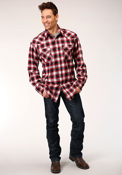 Roper Mens Long Sleeve Snap Unlined Flannel Plaid Shirt Western Shirt Tall Fit - Roper