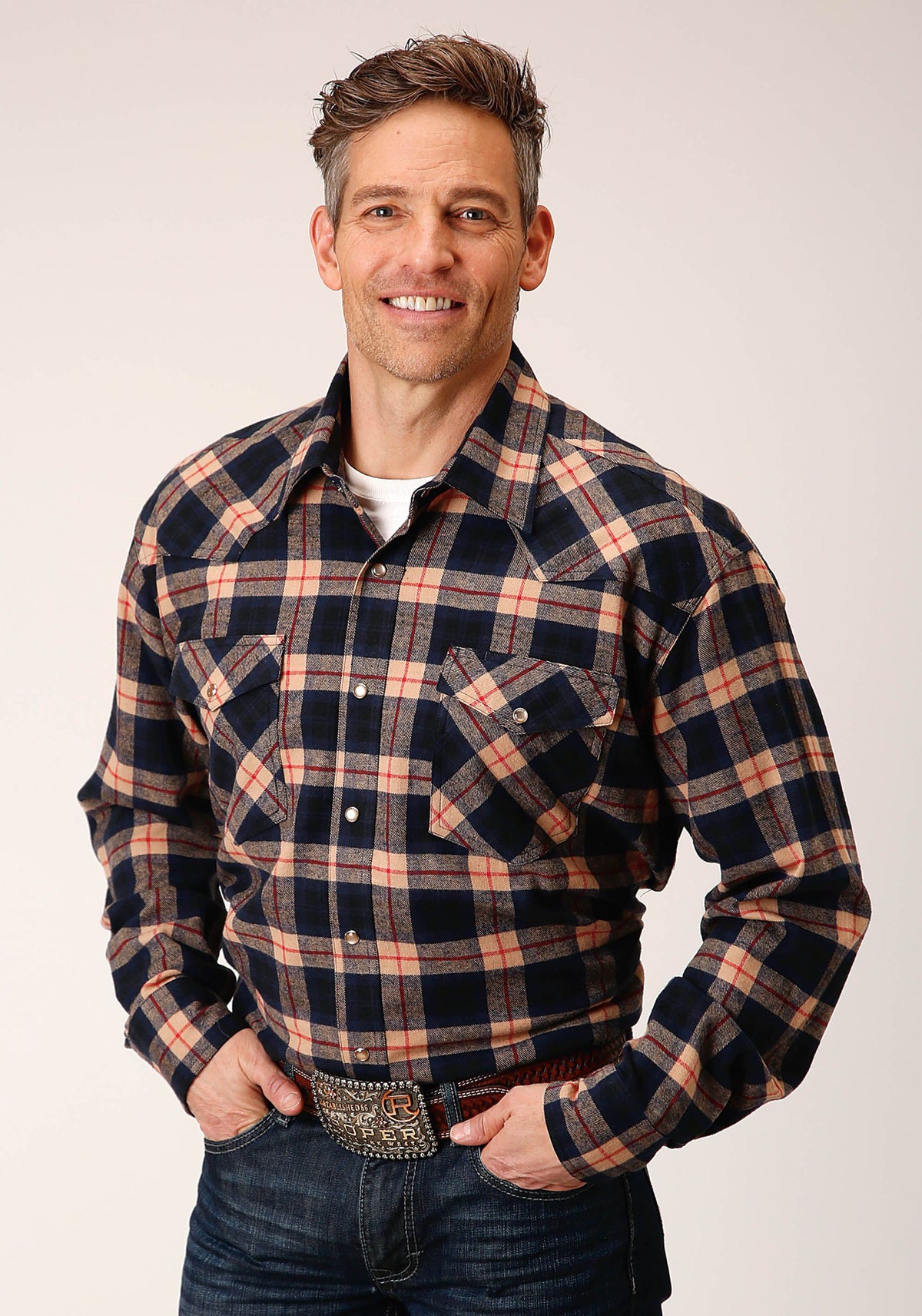 Roper Mens Long Sleeve Snap Unlined Tan Navy And Red Flannel Plaid Shirt Western Shirt Tall Fit