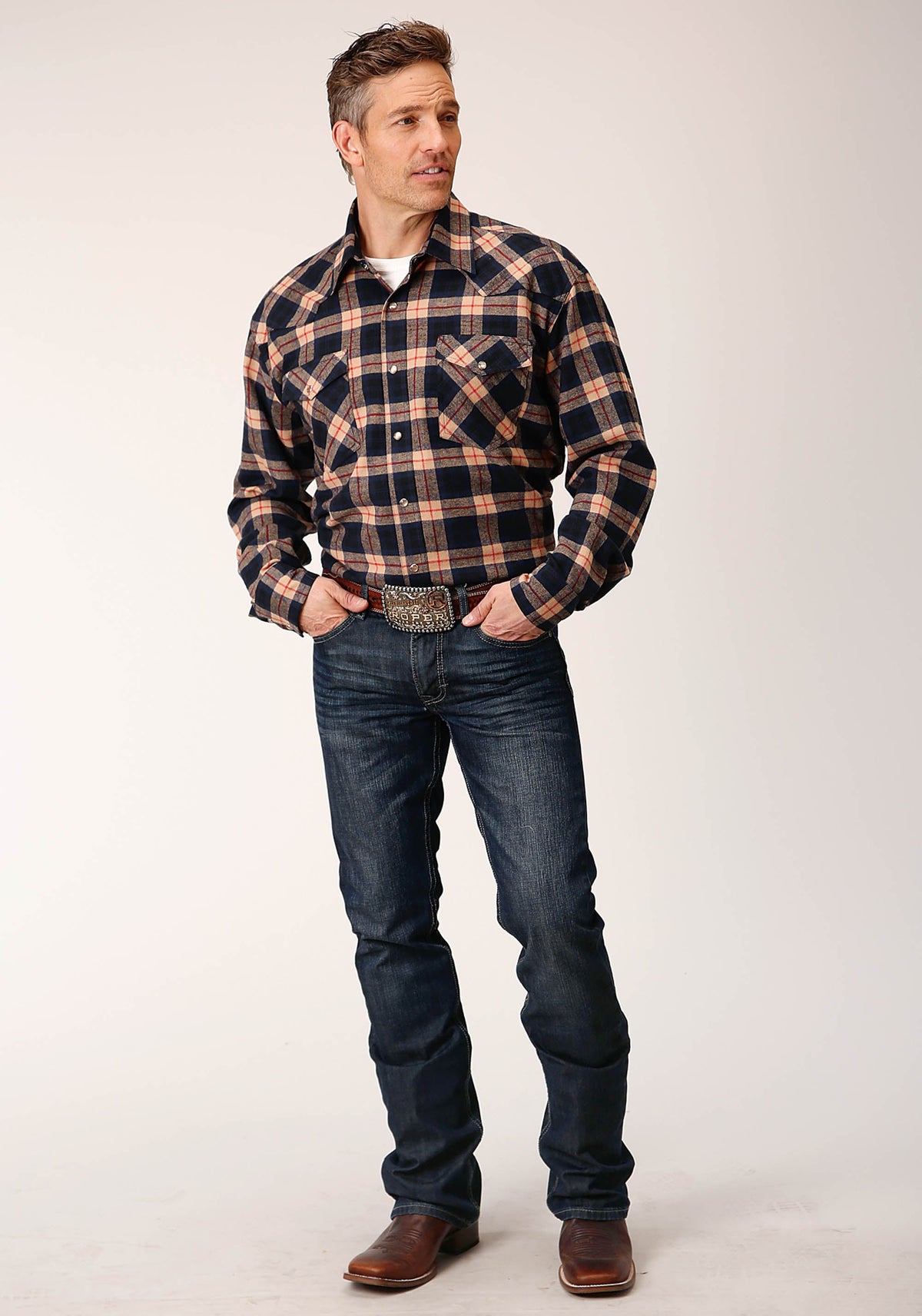 Roper Mens Long Sleeve Snap Unlined Tan Navy And Red Flannel Plaid Shirt Western Shirt Tall Fit