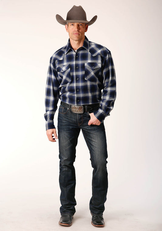 Roper Mens Long Sleeve Snap Unlined Navy Blue And Grey Flannel Plaid Shirt Western Shirt Tall Fit