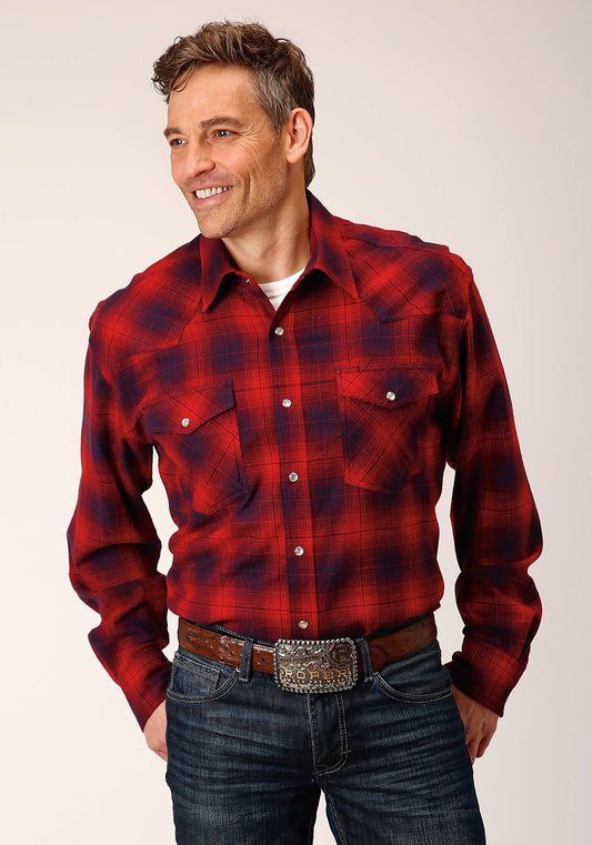 Roper Mens Long Sleeve Snap Unlined Red Wine Navy Flannel Plaid Shirt Western Shirt Tall Fit