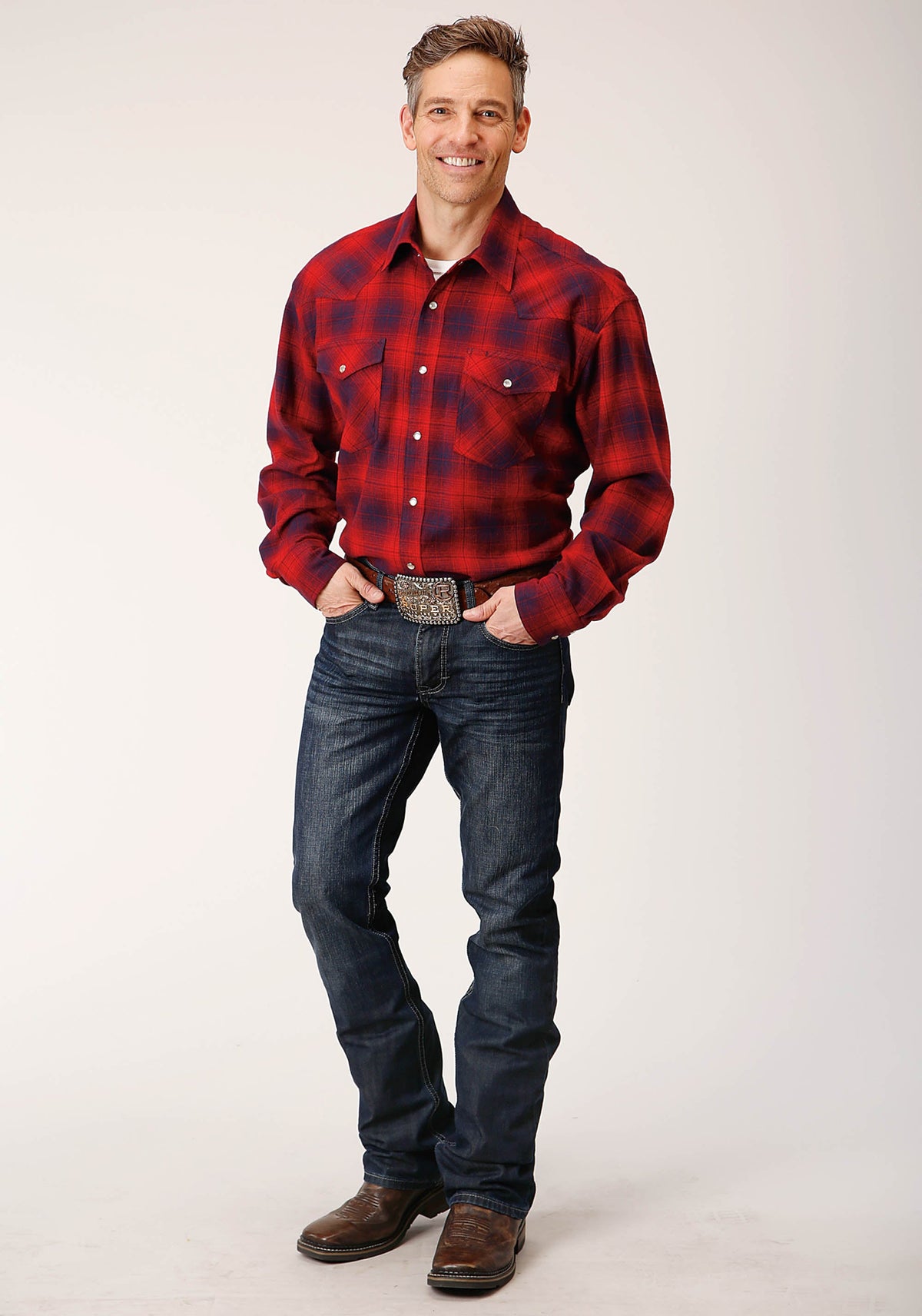 Roper Mens Long Sleeve Snap Unlined Red Wine Navy Flannel Plaid Shirt Western Shirt Tall Fit