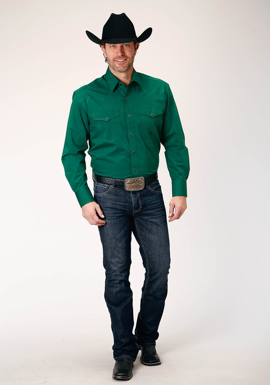 Roper Mens Long Sleeve Snap Black Fill Solid Green Western Shirt Tall Fit