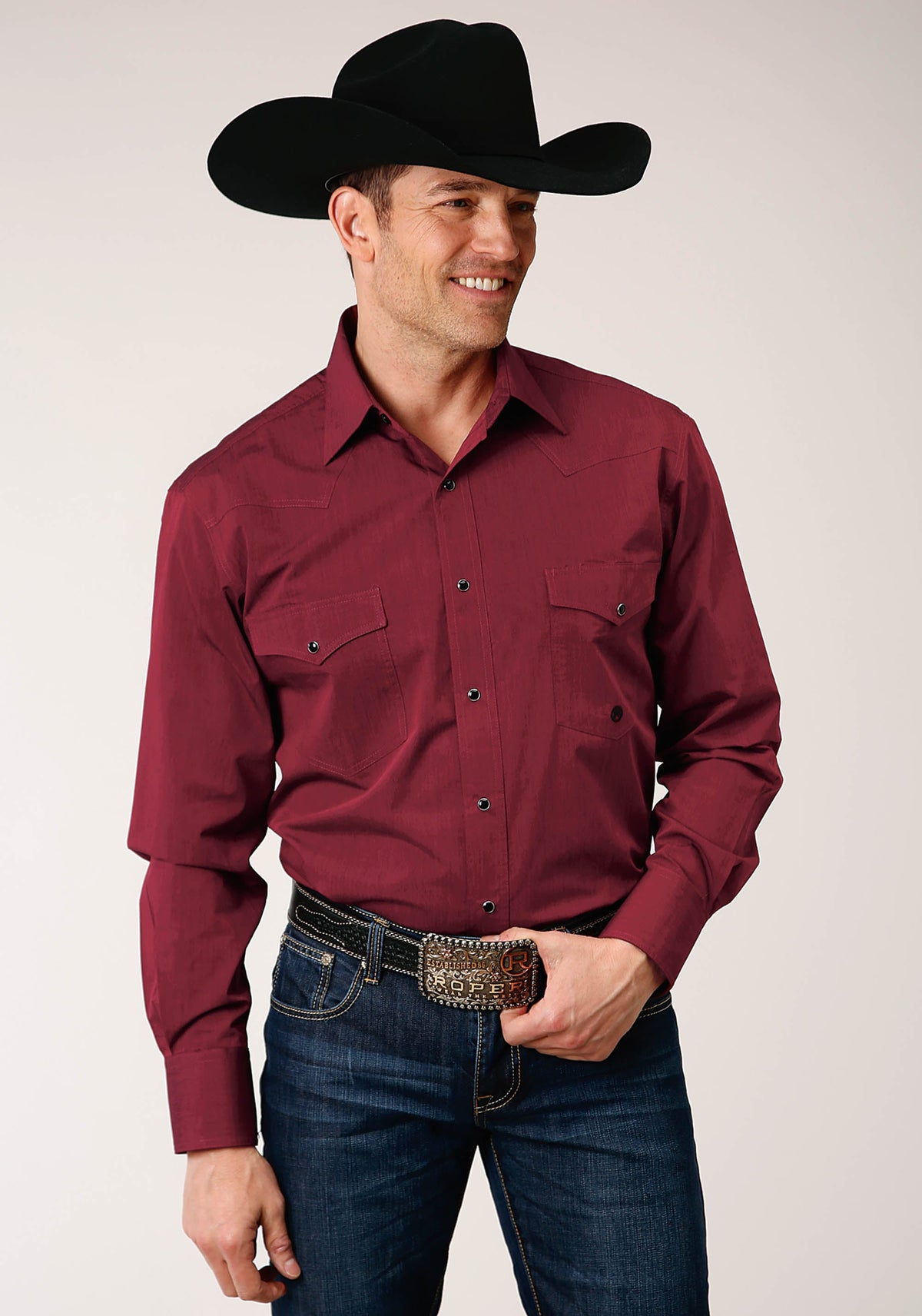 Roper Mens Long Sleeve Snap Black Fill Solid  Wine Western Shirt Tall Fit