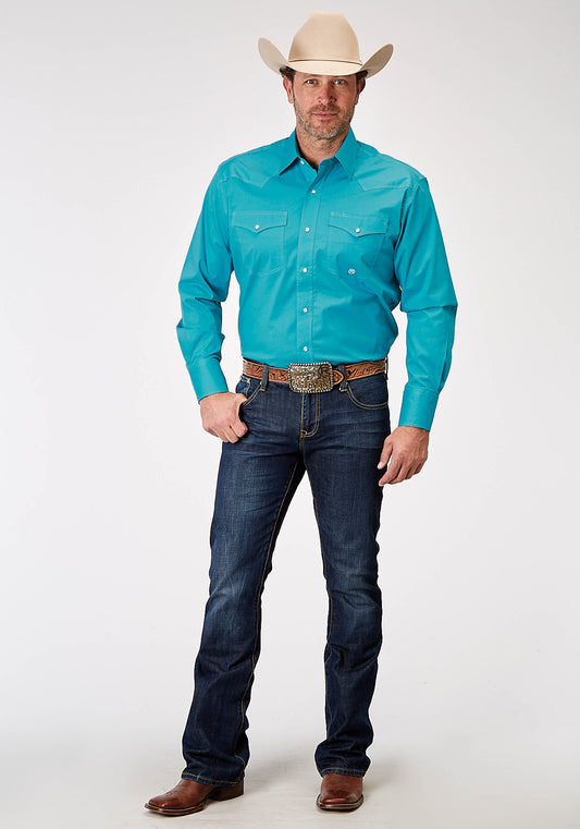 Roper Mens Long Sleeve Snap Solid Poplin Stretch Turquoise Western Shirt Tall Fit