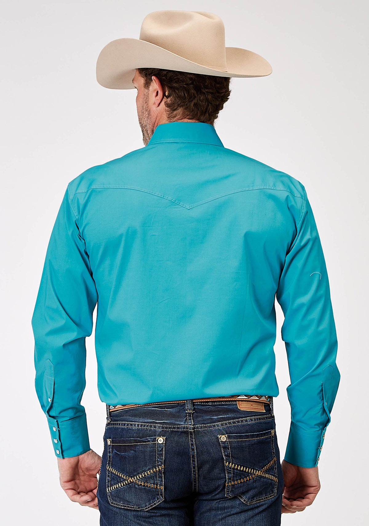 Roper Mens Long Sleeve Snap Solid Poplin Stretch Turquoise Western Shirt Tall Fit