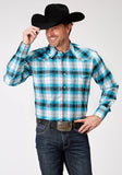 Roper Mens Long Sleeve Snap Stretch Poplin Turquoise Plaid Western Shirt Tall Fit