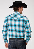 Roper Mens Long Sleeve Snap Stretch Poplin Turquoise Plaid Western Shirt Tall Fit