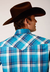 Roper Mens Long Sleeve Snap Blue Moon Plaid Western Shirt Tall Fit