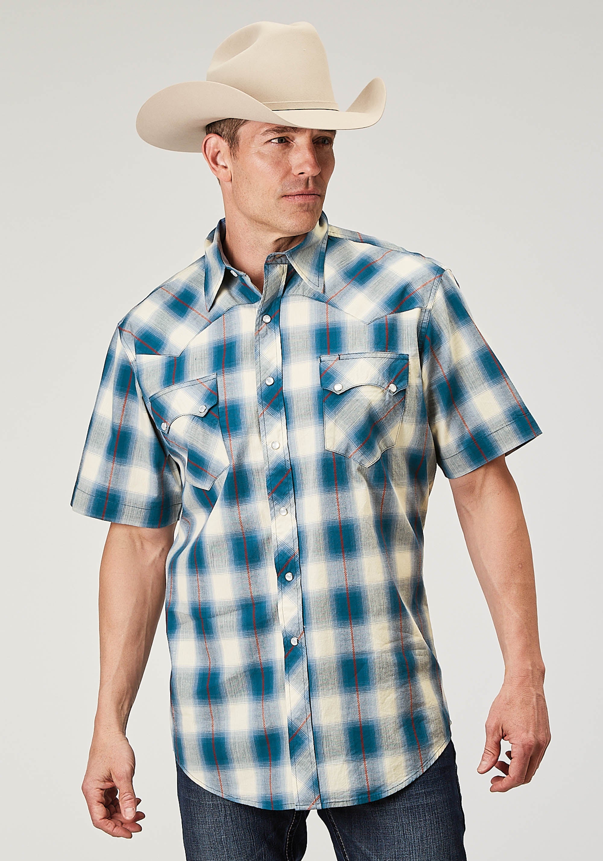 Roper Mens Short Sleeve Snap Arrow Dobby Plaid Western Shirt