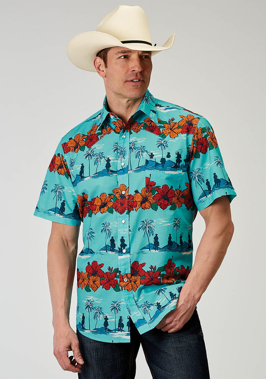 Roper Mens Short Sleeve Snap Hawaiian Print Western Shirt