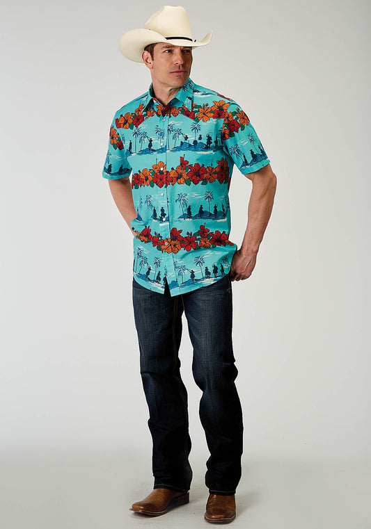 Roper Mens Short Sleeve Snap Hawaiian Print Western Shirt