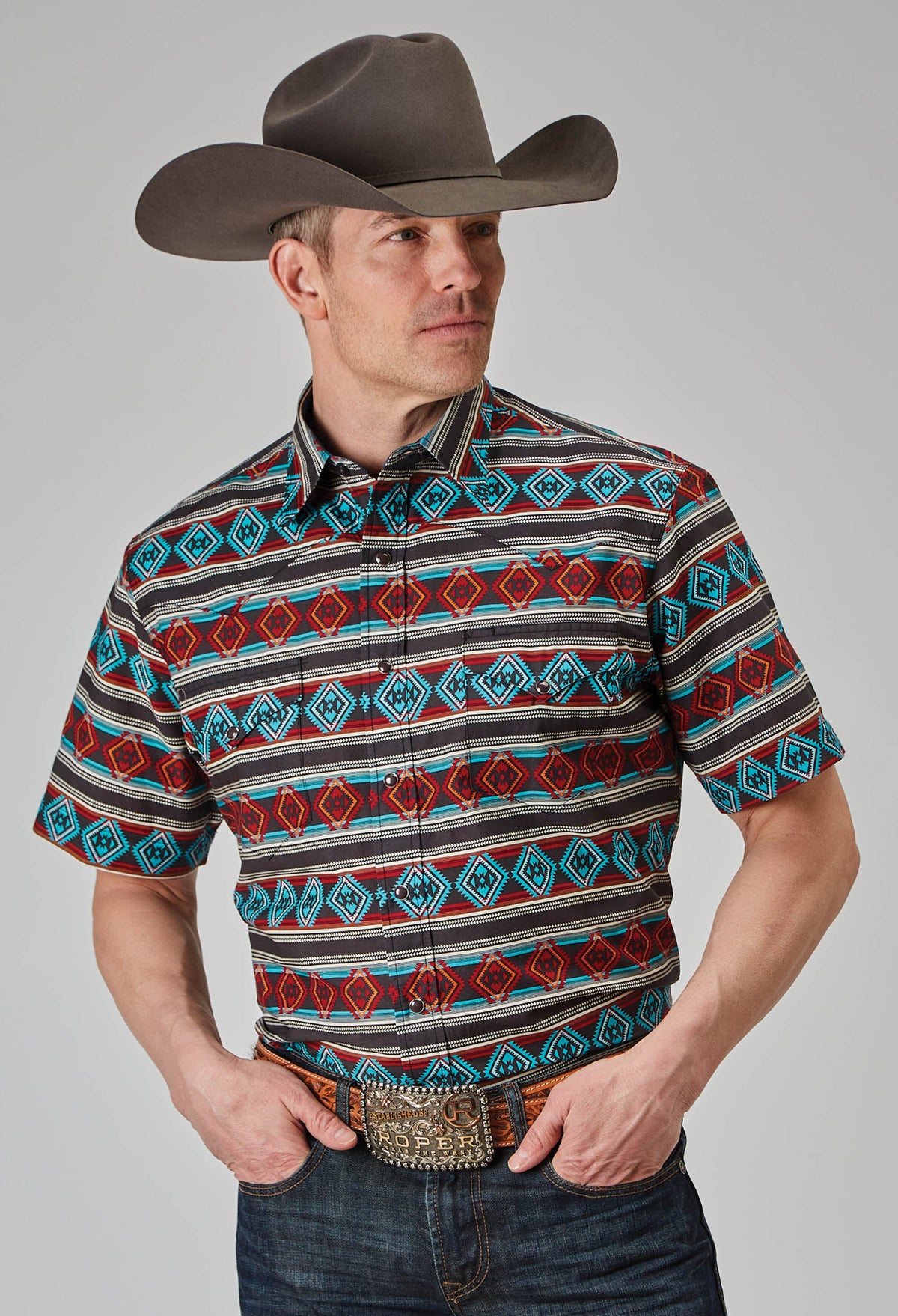 Roper Mens Short Sleeve Snap Aztec Stripe Print Western Shirt