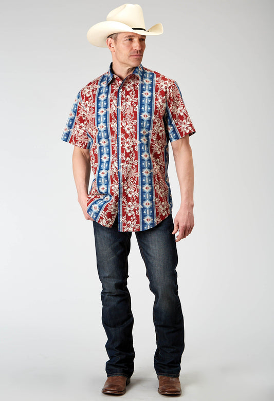 Roper Mens Short Sleeve Button Vertical Tropical Aztec Western Shirt