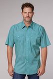 Roper Mens Short Sleeve Snap Stretch Neat Teal Western Shirt