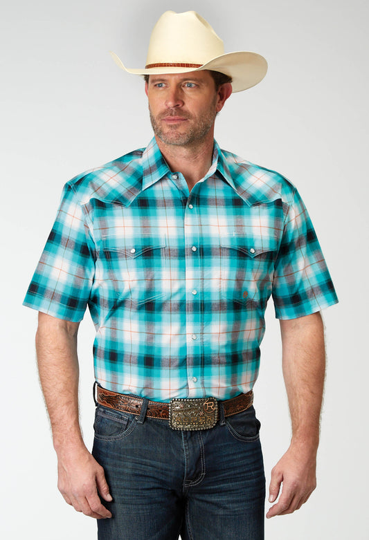 Roper Mens Short Sleeve Snap Stretch Poplin Turquoise Plaid Western Shirt