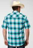 Roper Mens Short Sleeve Snap Stretch Poplin Turquoise Plaid Western Shirt