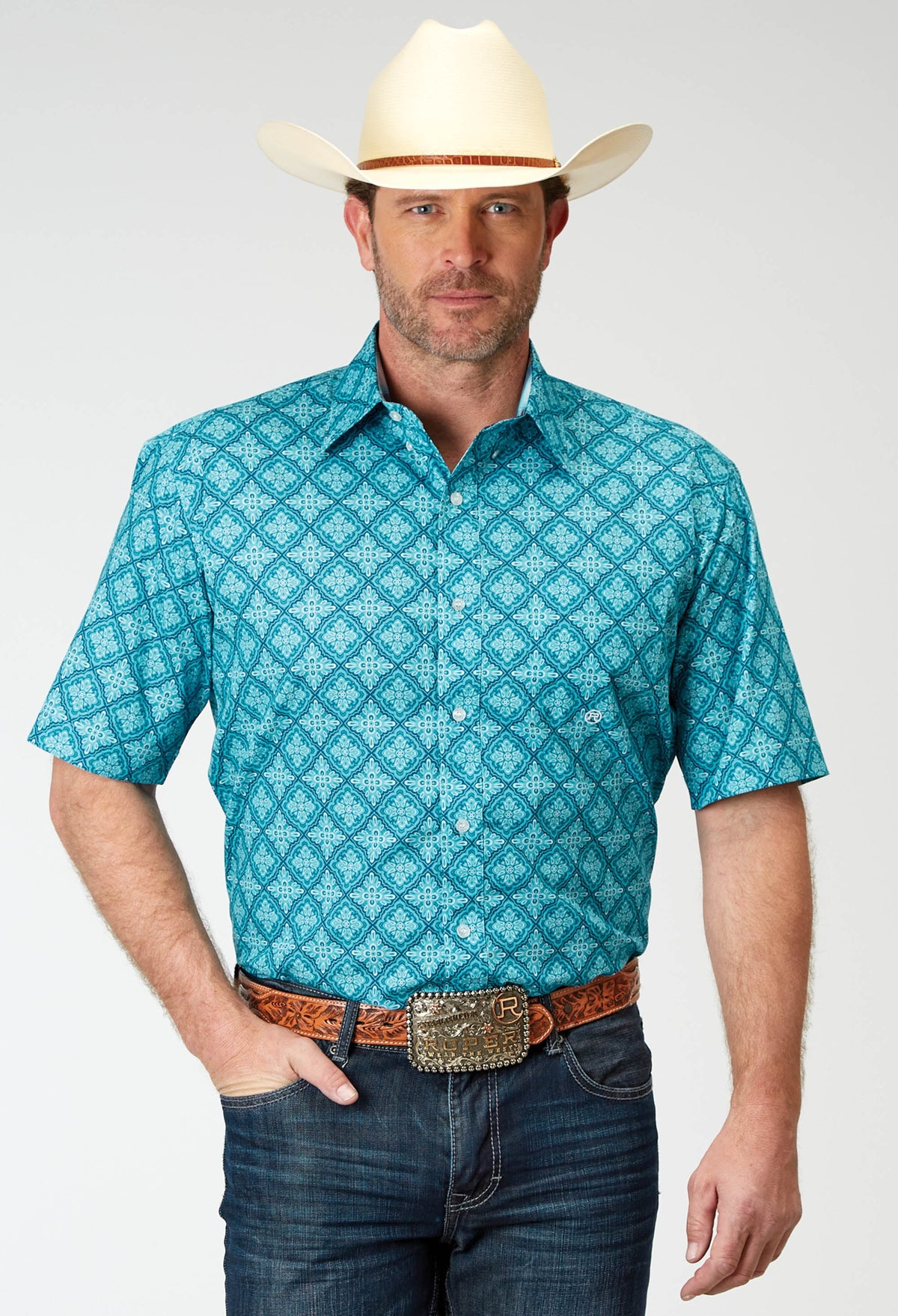 Roper Mens Short Sleeve Button Lake Medallion Western Shirt