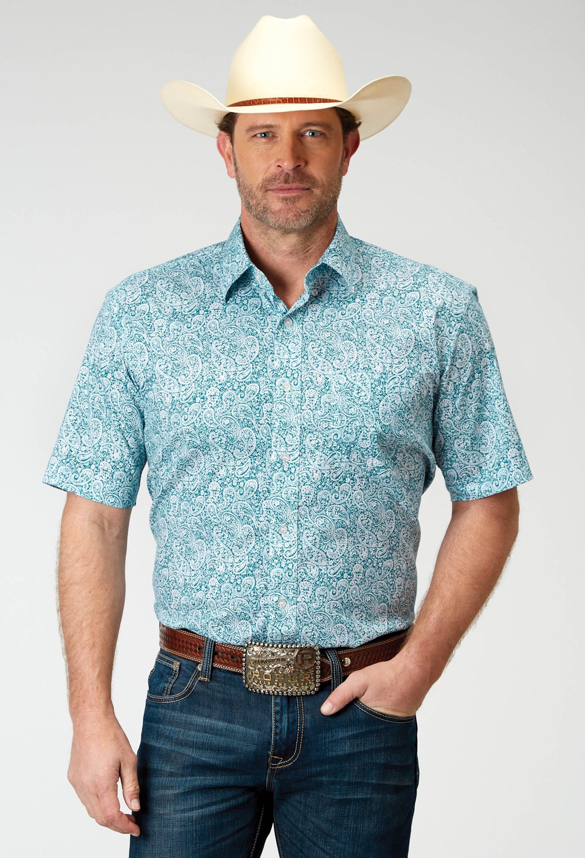 Roper Mens Short Sleeve Button Stretch Poplin Teal Paisley Western Shirt