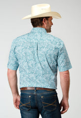 Roper Mens Short Sleeve Button Stretch Poplin Teal Paisley Western Shirt