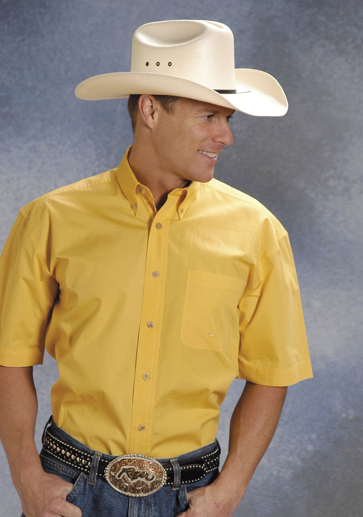 Roper Mens Yellow Solid Short Sleeve Western Button Shirt Tall Fit