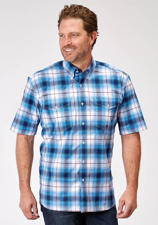 Roper Mens Short Sleeve Button Stretch Poplin Blue Plaid Western Shirt