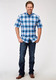 Roper Mens Short Sleeve Button Stretch Poplin Blue Plaid Western Shirt