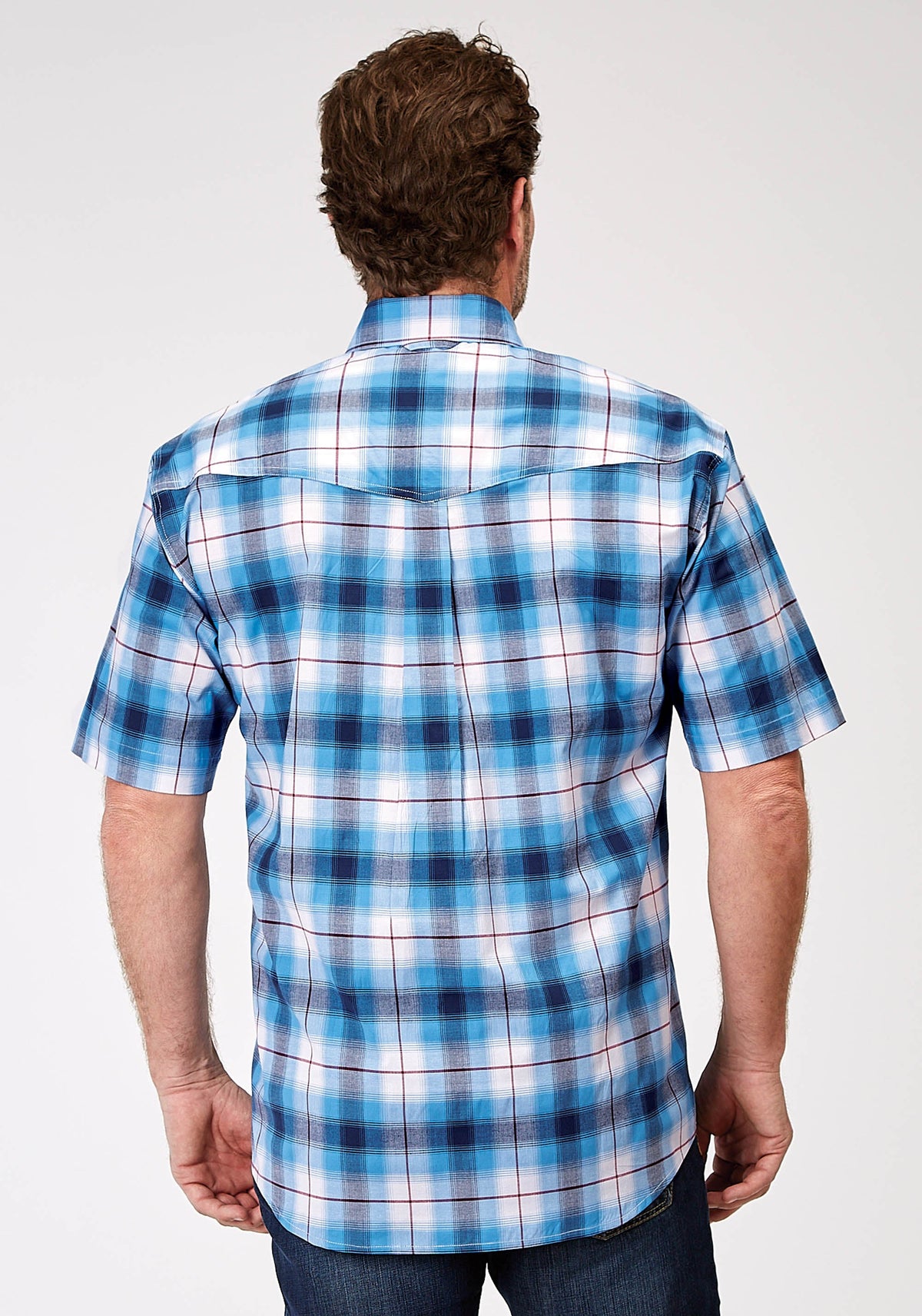 Roper Mens Short Sleeve Button Stretch Poplin Blue Plaid Western Shirt