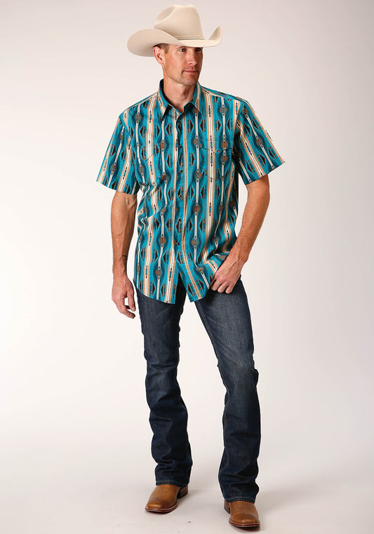 Roper Mens Short Sleeve Snap Aztec Stripe Western Shirt