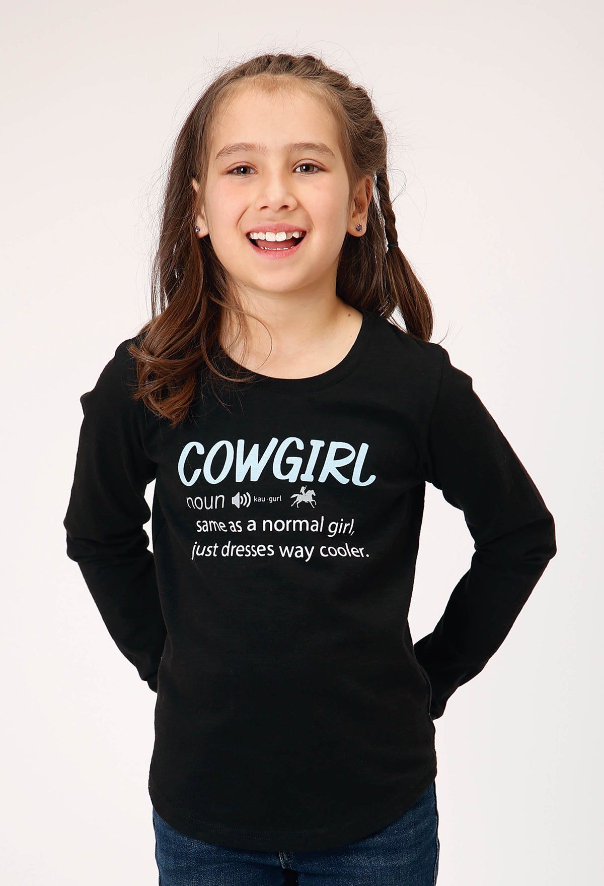 Roper Girls Long Sleeve Slub Tee Black Cotton With Scoop Neck Screen Print Decoration