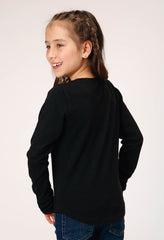 Roper Girls Long Sleeve Slub Tee Black Cotton With Scoop Neck Screen Print Decoration