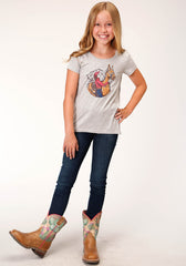 Roper Girls Short Sleeve Poly Rayon Heather Grey Swing Tee With V Back And Screen Print Decoration