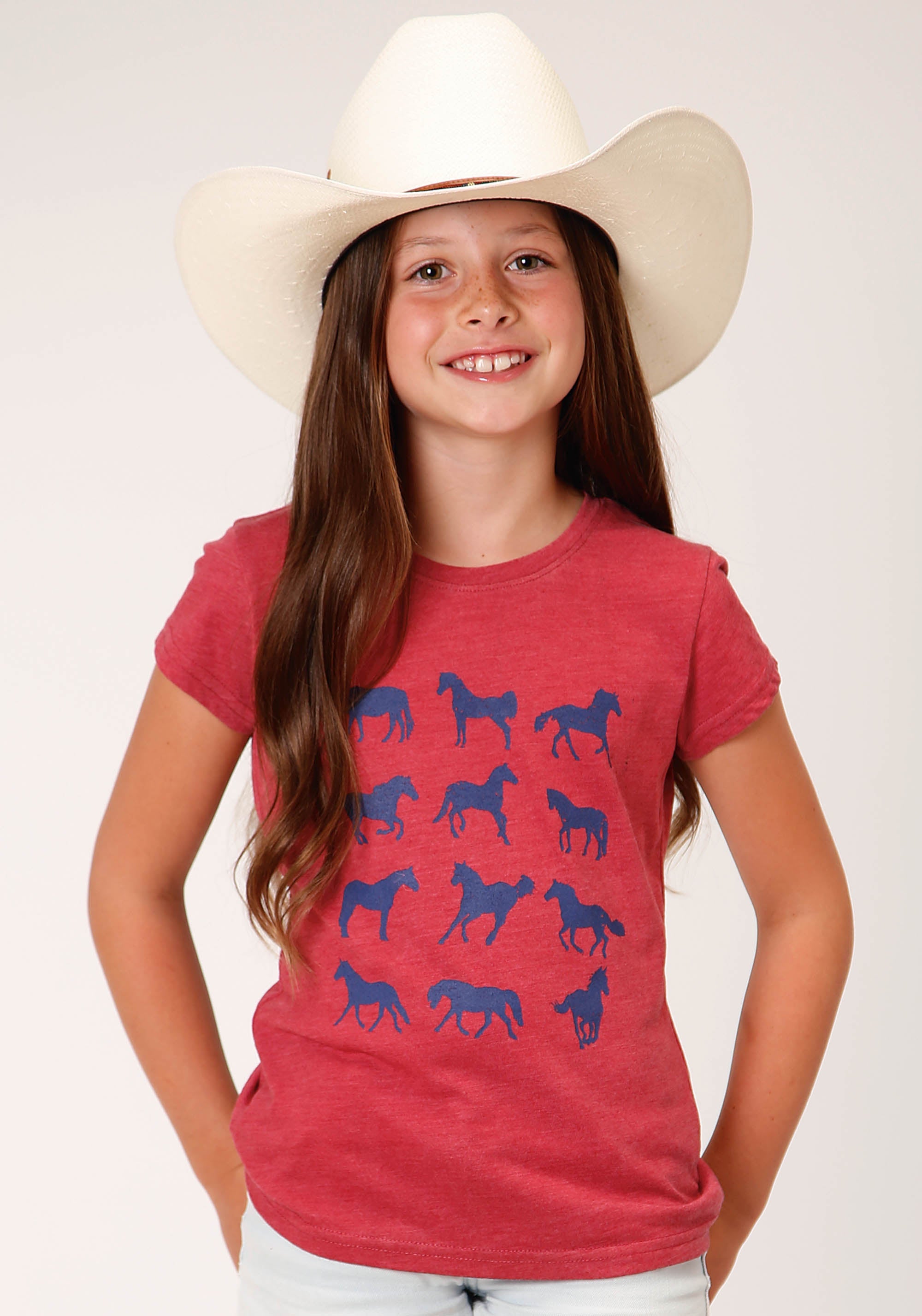 Roper Girls Short Sleeve Red Poly Rayon Western T Shirt With Scoop Neck And Screen Print Decoration