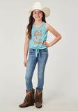 Roper Girls Sleeveless Light Blue Poly Rayon Racerback Tank With Front Tie Screen Print Decoration