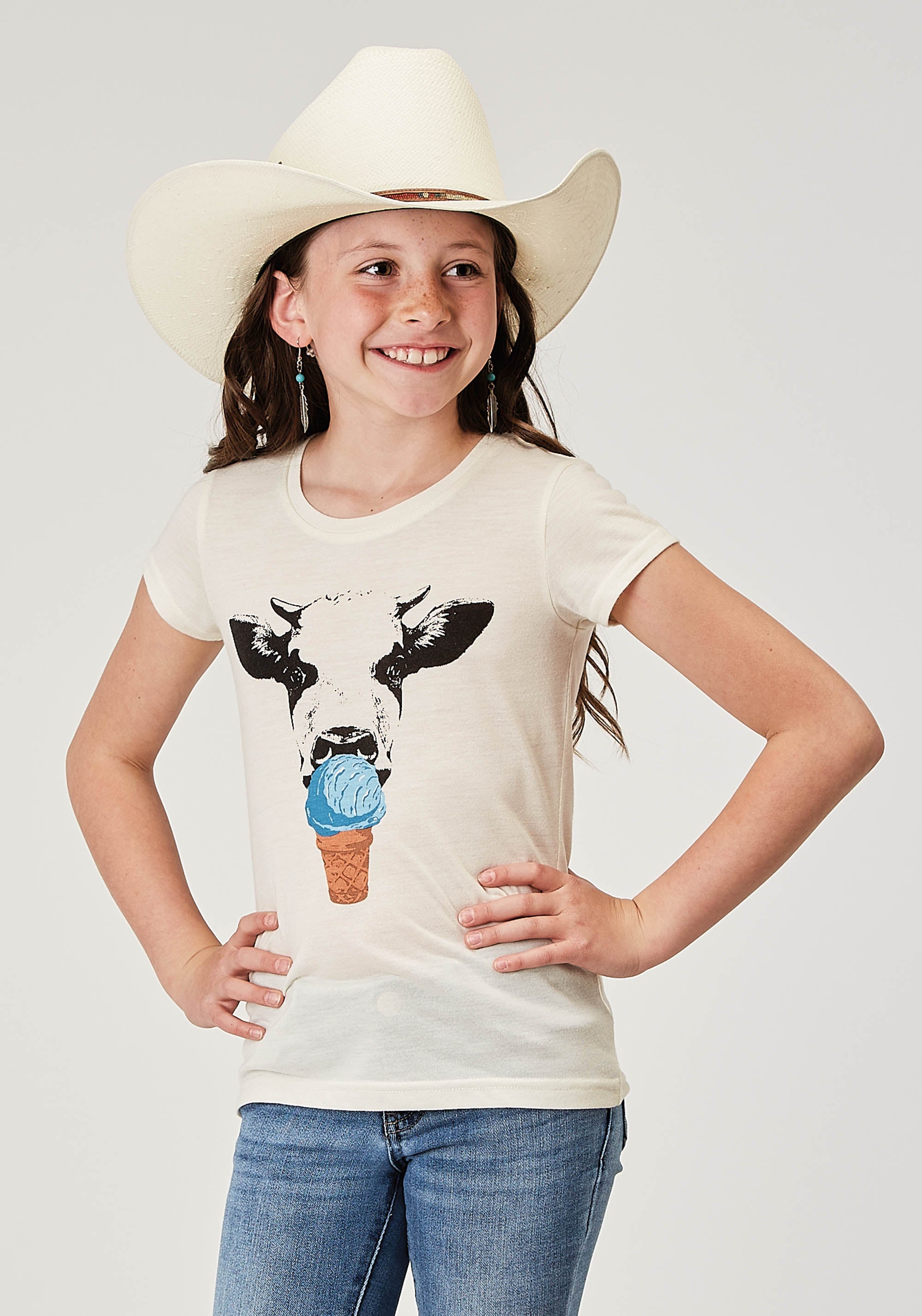 Roper Girls Short Sleeve Poly Rayon Cream Western T Shirt With Screen Print Decoration - Roper