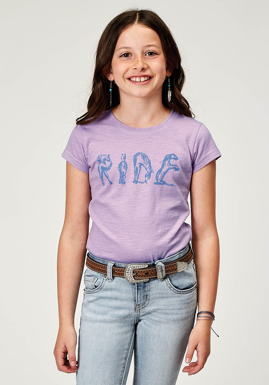 Roper Girls Short Sleeve Lilac Cotton Slub Jersey Western T Shirt With Screen Print Decoration