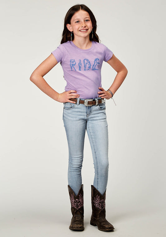 Roper Girls Short Sleeve Lilac Cotton Slub Jersey Western T Shirt With Screen Print Decoration