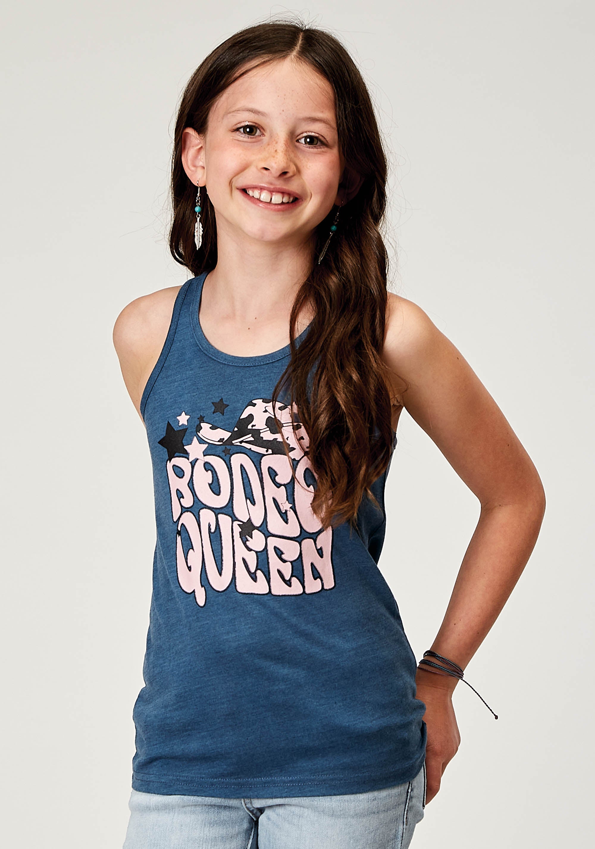 Roper Girls Sleeveless Navy Blue Poly Rayon Western T Shirt With Screen Print Decoration - Roper