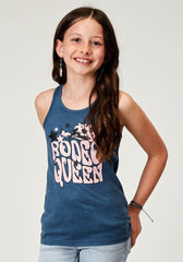 Roper Girls Sleeveless Navy Blue Poly Rayon Western T Shirt With Screen Print Decoration