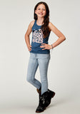 Roper Girls Sleeveless Navy Blue Poly Rayon Western T Shirt With Screen Print Decoration