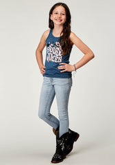 Roper Girls Sleeveless Navy Blue Poly Rayon Western T Shirt With Screen Print Decoration