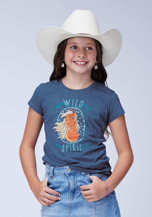 Roper Girls Short Sleeve Cotton Slub Jersey Crew Neck Western T Shirt With Screenprint Embroidery Embellishment - Roper