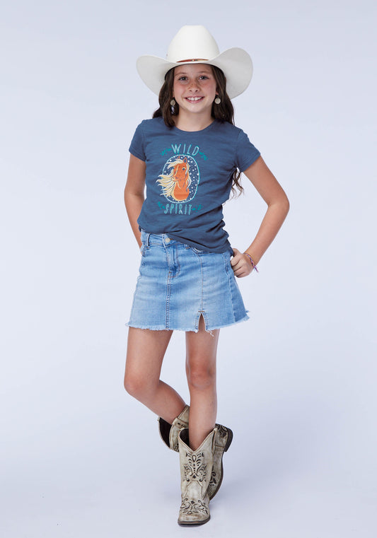 Roper Girls Short Sleeve Cotton Slub Jersey Crew Neck Western T Shirt With Screenprint Embroidery Embellishment - Roper