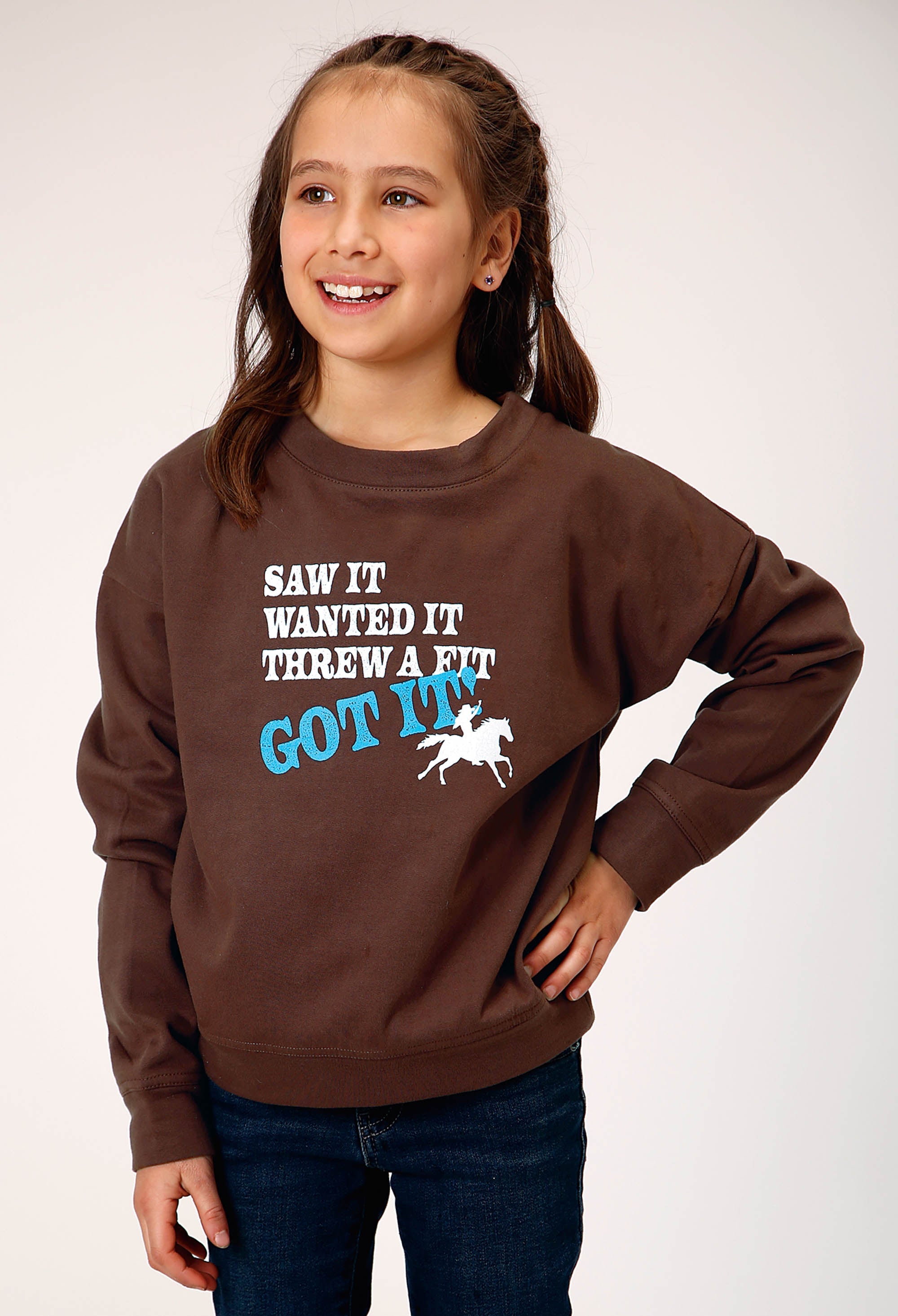 Roper Girls Long Sleeve Dark Brown Cotton Fleece Western T Shirt With Scoop Neck Screen Print Decoration - Roper