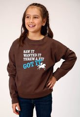 Roper Girls Long Sleeve Dark Brown Cotton Fleece Western T Shirt With Scoop Neck Screen Print Decoration